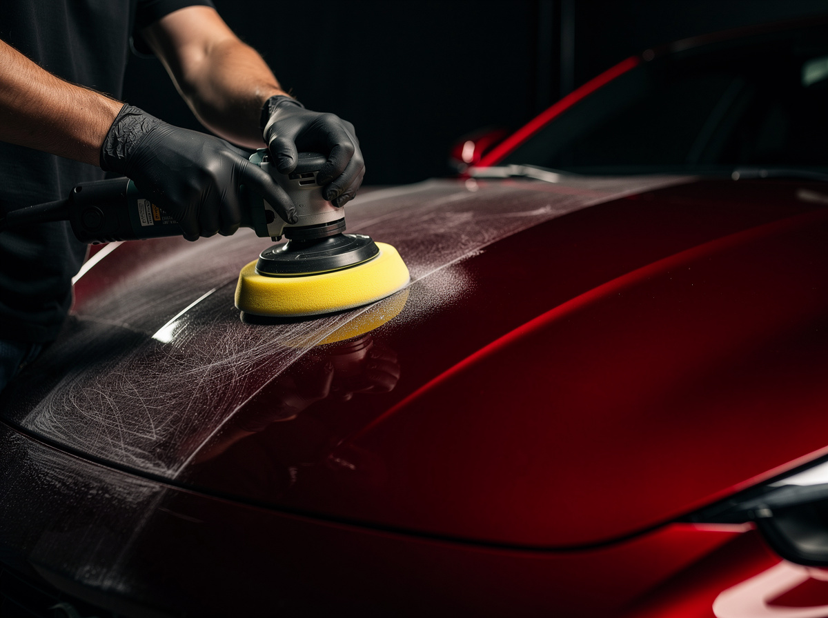Technician polishing a hood to remove swirl marks before ceramic coating