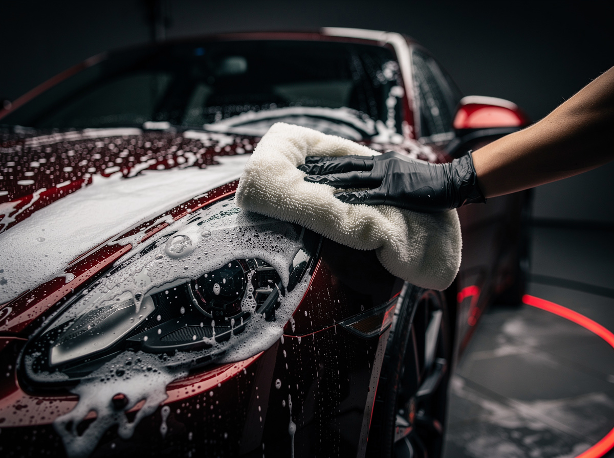 Technician hand-washing a ceramic-coated car with foam wash