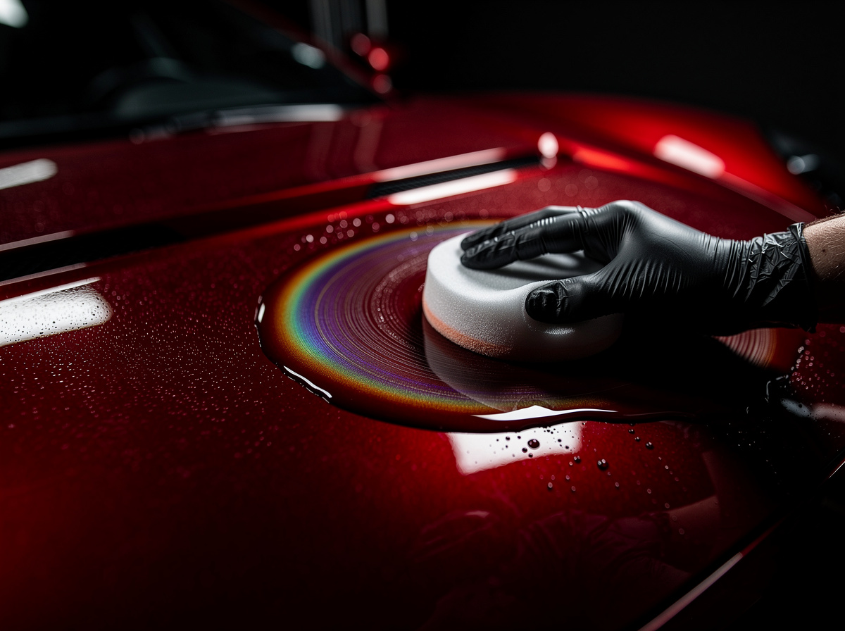 Technician applying ceramic coating with an applicator pad